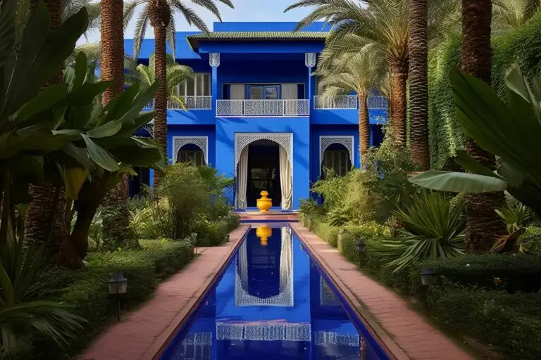 Jardin Majorelleist, der bekannte botanischer Garten mit exotische Pflanzen, Wasserelemente in Marrakesch.